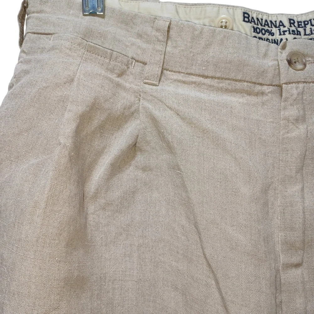 Banana Republic Men Linen Pants 34x28 Tan Pleated Cuffed Resort Old Money Preppy